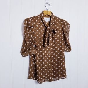 The Shirt Rochelle Behrens Brown Bow Tie Short Sleeve Blouse Top Size M